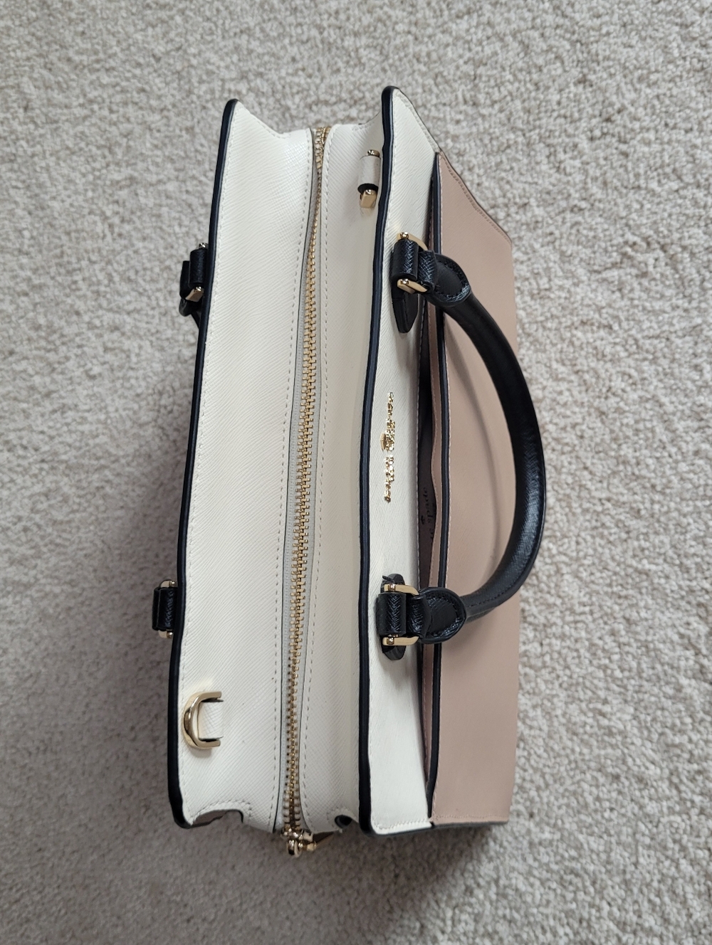 Kate Spade Womens Cream Tan Black Leather Madison Top Zip Medium Satchel - Picture 9 of 12